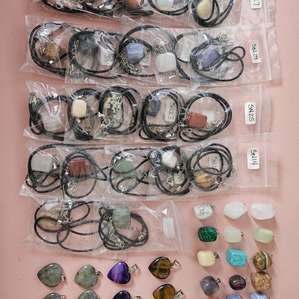 Bulk Lot Natural Stone Pendants 51pcs Crystal Gemstone Hearts Cubes Necklaces